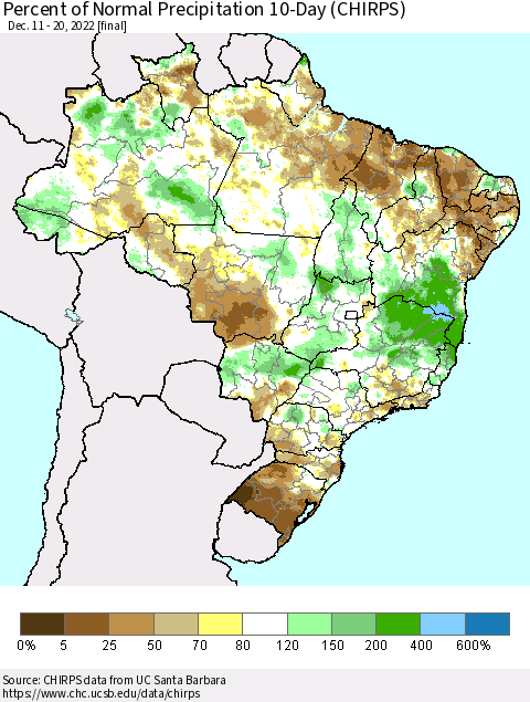 Brazil Percent of Normal Precipitation 10-Day (CHIRPS) Thematic Map For 12/11/2022 - 12/20/2022