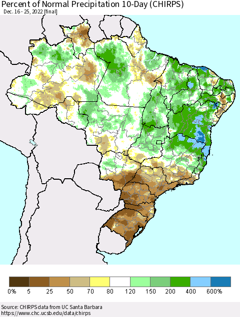 Brazil Percent of Normal Precipitation 10-Day (CHIRPS) Thematic Map For 12/16/2022 - 12/25/2022