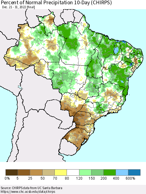 Brazil Percent of Normal Precipitation 10-Day (CHIRPS) Thematic Map For 12/21/2022 - 12/31/2022