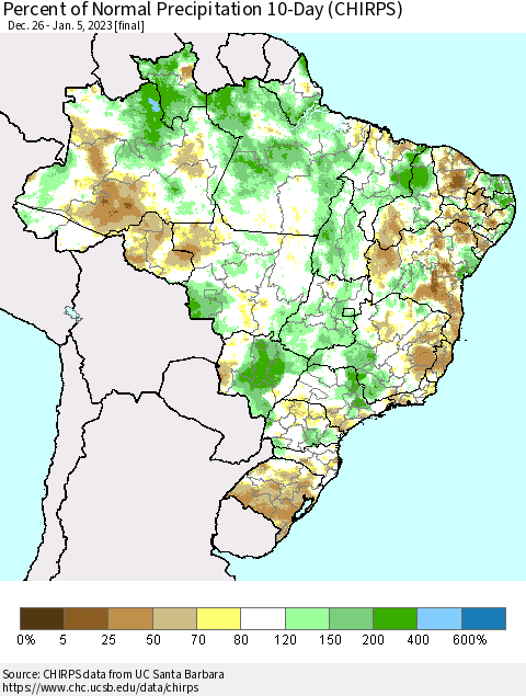 Brazil Percent of Normal Precipitation 10-Day (CHIRPS) Thematic Map For 12/26/2022 - 1/5/2023
