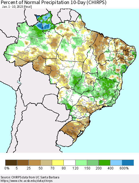 Brazil Percent of Normal Precipitation 10-Day (CHIRPS) Thematic Map For 1/1/2023 - 1/10/2023