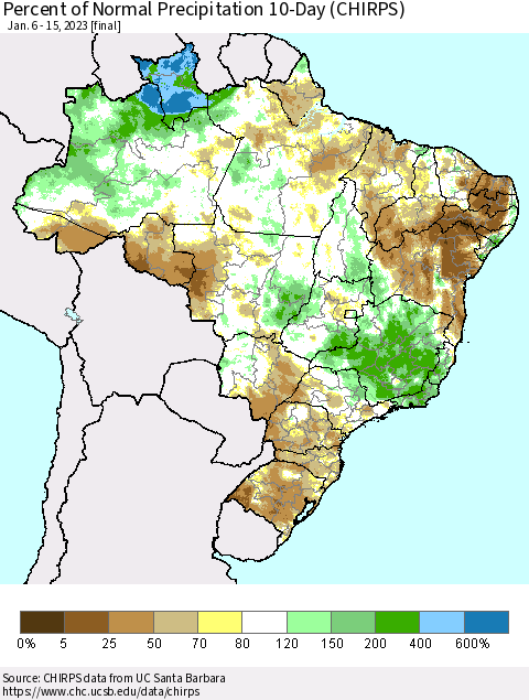 Brazil Percent of Normal Precipitation 10-Day (CHIRPS) Thematic Map For 1/6/2023 - 1/15/2023