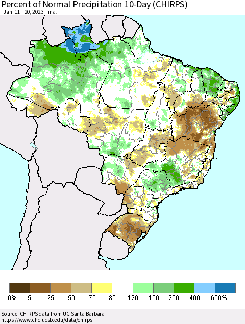 Brazil Percent of Normal Precipitation 10-Day (CHIRPS) Thematic Map For 1/11/2023 - 1/20/2023