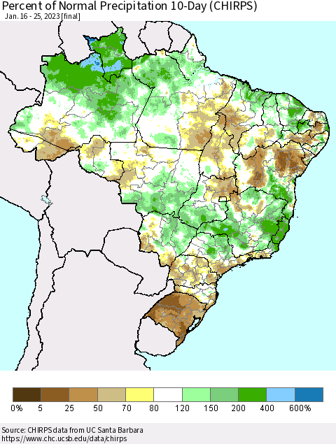 Brazil Percent of Normal Precipitation 10-Day (CHIRPS) Thematic Map For 1/16/2023 - 1/25/2023