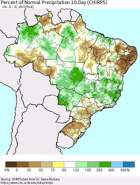 Brazil Percent of Normal Precipitation 10-Day (CHIRPS) Thematic Map For 1/21/2023 - 1/31/2023