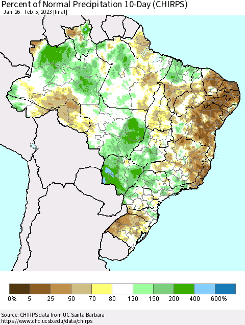 Brazil Percent of Normal Precipitation 10-Day (CHIRPS) Thematic Map For 1/26/2023 - 2/5/2023