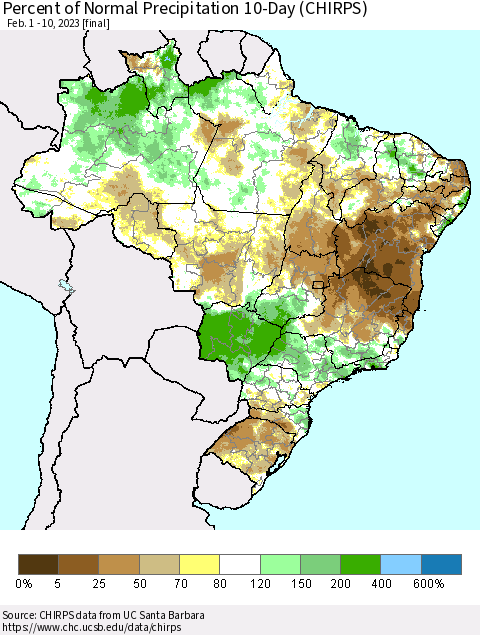 Brazil Percent of Normal Precipitation 10-Day (CHIRPS) Thematic Map For 2/1/2023 - 2/10/2023