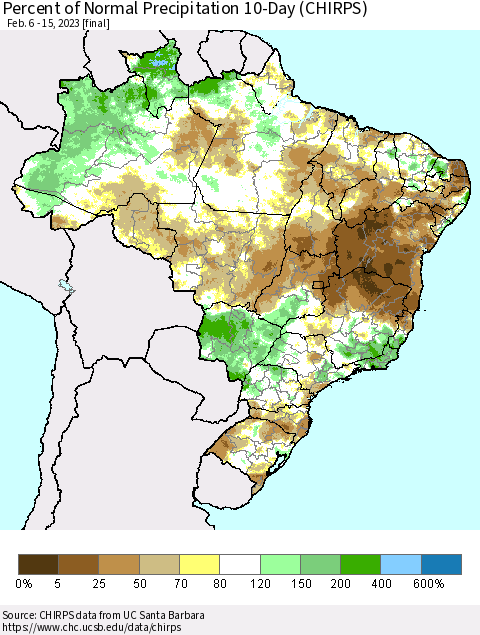 Brazil Percent of Normal Precipitation 10-Day (CHIRPS) Thematic Map For 2/6/2023 - 2/15/2023