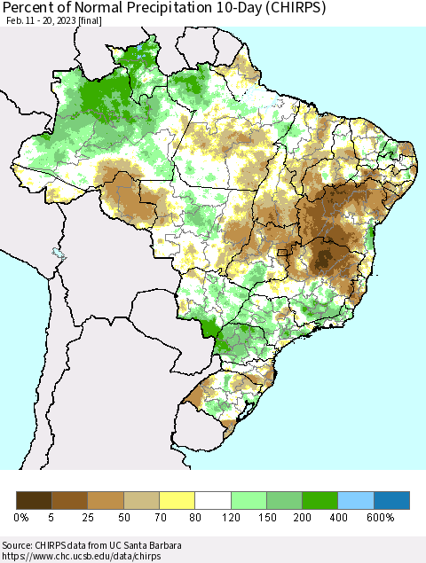 Brazil Percent of Normal Precipitation 10-Day (CHIRPS) Thematic Map For 2/11/2023 - 2/20/2023