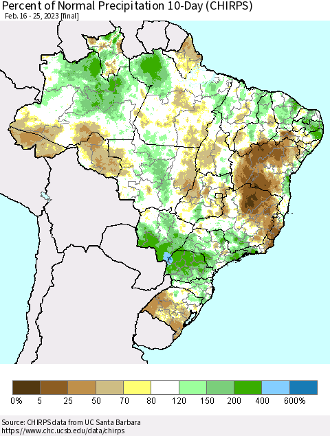 Brazil Percent of Normal Precipitation 10-Day (CHIRPS) Thematic Map For 2/16/2023 - 2/25/2023