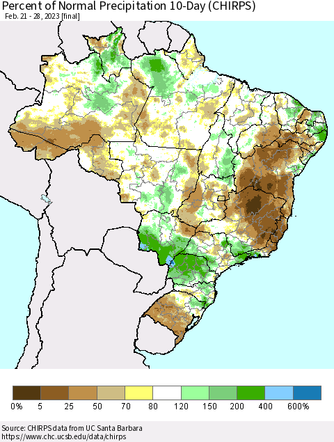 Brazil Percent of Normal Precipitation 10-Day (CHIRPS) Thematic Map For 2/21/2023 - 2/28/2023