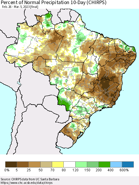 Brazil Percent of Normal Precipitation 10-Day (CHIRPS) Thematic Map For 2/26/2023 - 3/5/2023