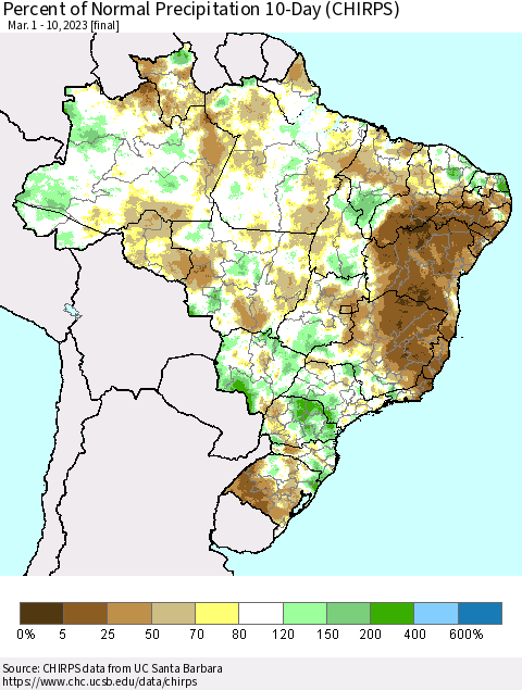 Brazil Percent of Normal Precipitation 10-Day (CHIRPS) Thematic Map For 3/1/2023 - 3/10/2023
