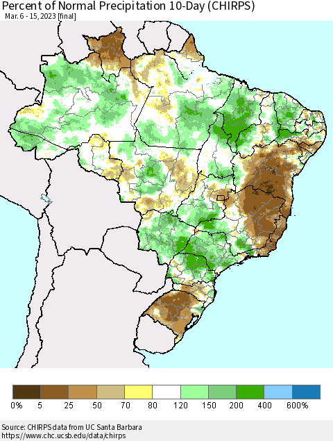 Brazil Percent of Normal Precipitation 10-Day (CHIRPS) Thematic Map For 3/6/2023 - 3/15/2023