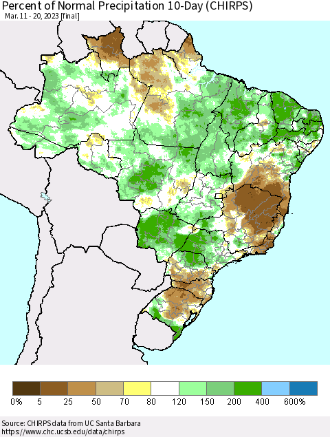 Brazil Percent of Normal Precipitation 10-Day (CHIRPS) Thematic Map For 3/11/2023 - 3/20/2023