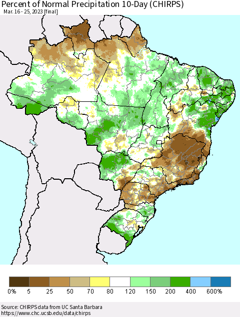 Brazil Percent of Normal Precipitation 10-Day (CHIRPS) Thematic Map For 3/16/2023 - 3/25/2023