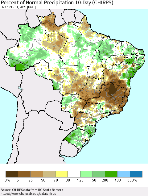 Brazil Percent of Normal Precipitation 10-Day (CHIRPS) Thematic Map For 3/21/2023 - 3/31/2023