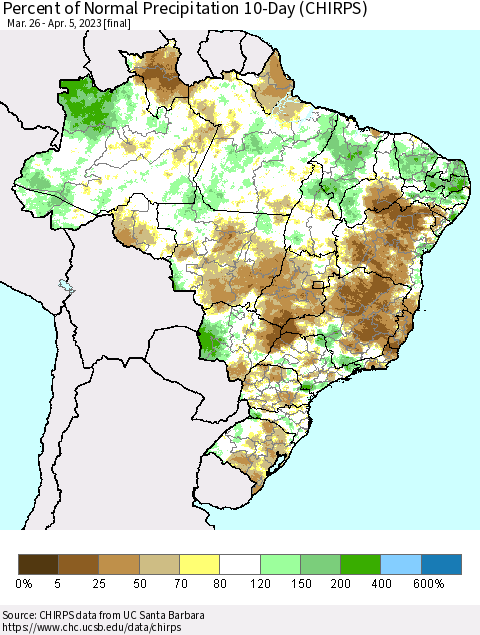 Brazil Percent of Normal Precipitation 10-Day (CHIRPS) Thematic Map For 3/26/2023 - 4/5/2023
