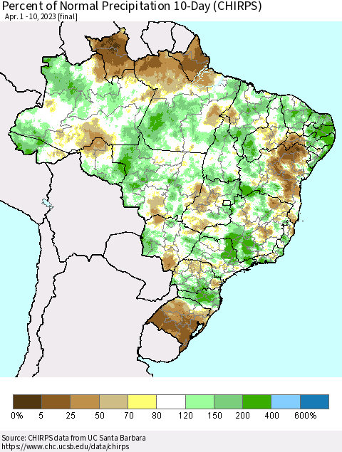 Brazil Percent of Normal Precipitation 10-Day (CHIRPS) Thematic Map For 4/1/2023 - 4/10/2023