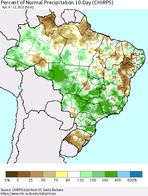Brazil Percent of Normal Precipitation 10-Day (CHIRPS) Thematic Map For 4/6/2023 - 4/15/2023