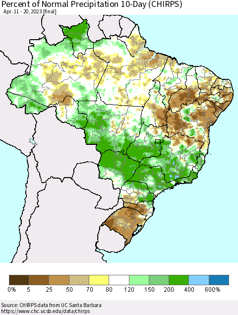 Brazil Percent of Normal Precipitation 10-Day (CHIRPS) Thematic Map For 4/11/2023 - 4/20/2023