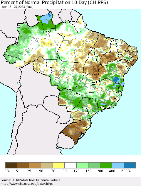 Brazil Percent of Normal Precipitation 10-Day (CHIRPS) Thematic Map For 4/16/2023 - 4/25/2023