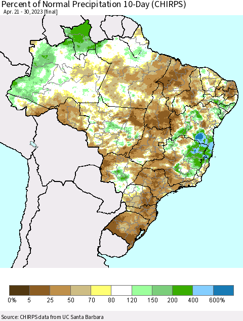 Brazil Percent of Normal Precipitation 10-Day (CHIRPS) Thematic Map For 4/21/2023 - 4/30/2023