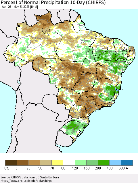 Brazil Percent of Normal Precipitation 10-Day (CHIRPS) Thematic Map For 4/26/2023 - 5/5/2023