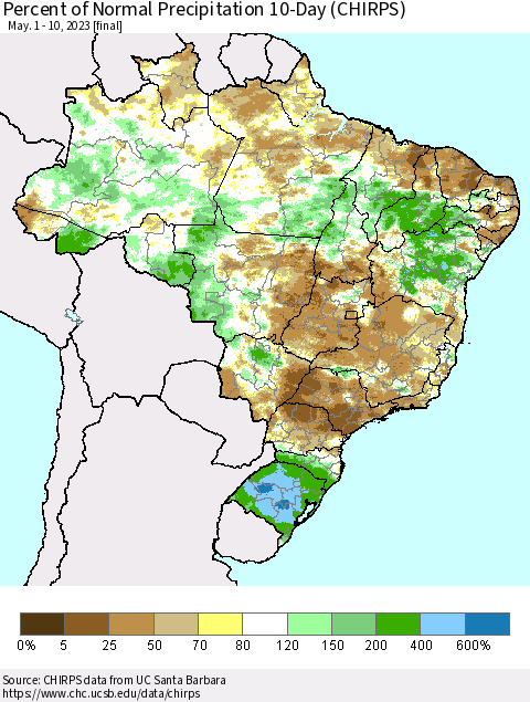 Brazil Percent of Normal Precipitation 10-Day (CHIRPS) Thematic Map For 5/1/2023 - 5/10/2023