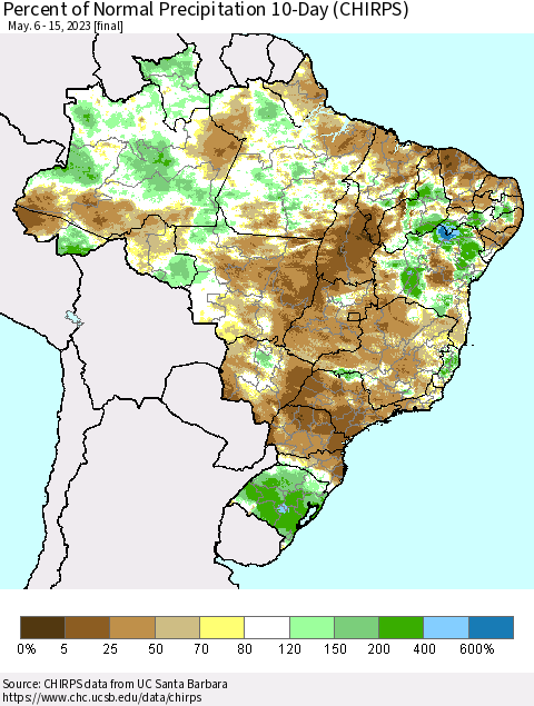 Brazil Percent of Normal Precipitation 10-Day (CHIRPS) Thematic Map For 5/6/2023 - 5/15/2023