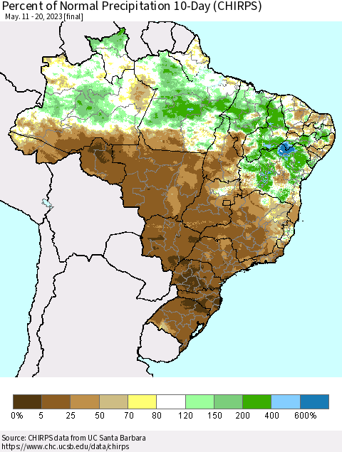Brazil Percent of Normal Precipitation 10-Day (CHIRPS) Thematic Map For 5/11/2023 - 5/20/2023