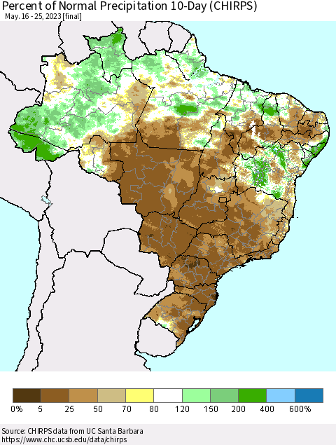 Brazil Percent of Normal Precipitation 10-Day (CHIRPS) Thematic Map For 5/16/2023 - 5/25/2023