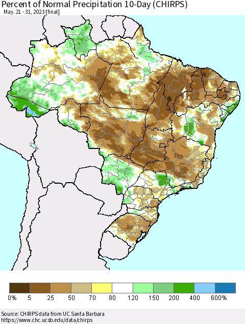 Brazil Percent of Normal Precipitation 10-Day (CHIRPS) Thematic Map For 5/21/2023 - 5/31/2023