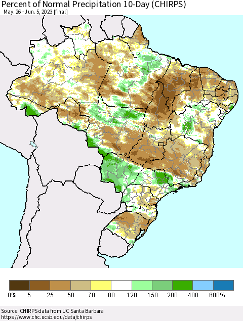 Brazil Percent of Normal Precipitation 10-Day (CHIRPS) Thematic Map For 5/26/2023 - 6/5/2023