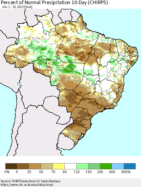 Brazil Percent of Normal Precipitation 10-Day (CHIRPS) Thematic Map For 6/1/2023 - 6/10/2023
