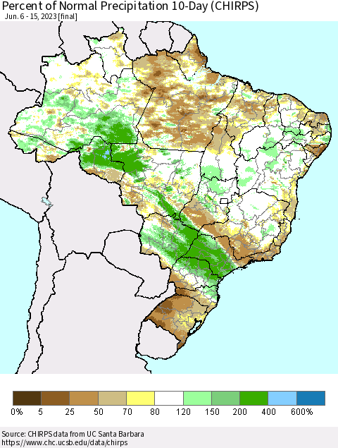 Brazil Percent of Normal Precipitation 10-Day (CHIRPS) Thematic Map For 6/6/2023 - 6/15/2023