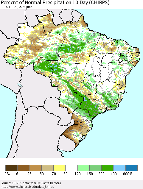 Brazil Percent of Normal Precipitation 10-Day (CHIRPS) Thematic Map For 6/11/2023 - 6/20/2023