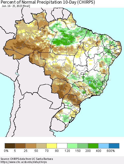 Brazil Percent of Normal Precipitation 10-Day (CHIRPS) Thematic Map For 6/16/2023 - 6/25/2023