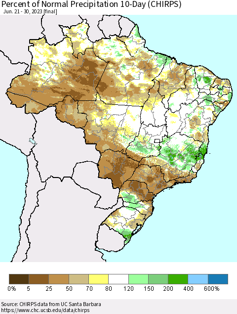 Brazil Percent of Normal Precipitation 10-Day (CHIRPS) Thematic Map For 6/21/2023 - 6/30/2023