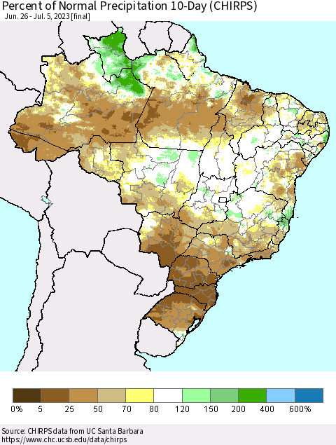 Brazil Percent of Normal Precipitation 10-Day (CHIRPS) Thematic Map For 6/26/2023 - 7/5/2023