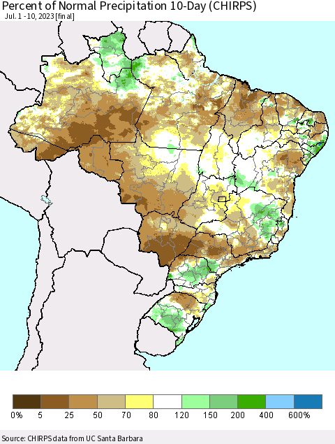 Brazil Percent of Normal Precipitation 10-Day (CHIRPS) Thematic Map For 7/1/2023 - 7/10/2023