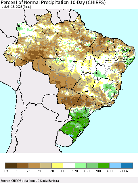 Brazil Percent of Normal Precipitation 10-Day (CHIRPS) Thematic Map For 7/6/2023 - 7/15/2023