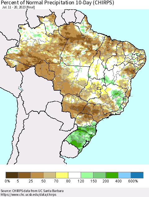 Brazil Percent of Normal Precipitation 10-Day (CHIRPS) Thematic Map For 7/11/2023 - 7/20/2023