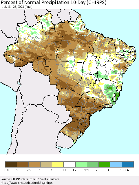 Brazil Percent of Normal Precipitation 10-Day (CHIRPS) Thematic Map For 7/16/2023 - 7/25/2023