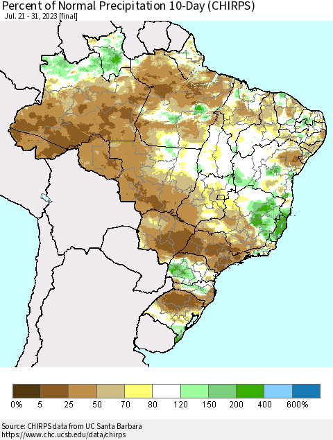 Brazil Percent of Normal Precipitation 10-Day (CHIRPS) Thematic Map For 7/21/2023 - 7/31/2023