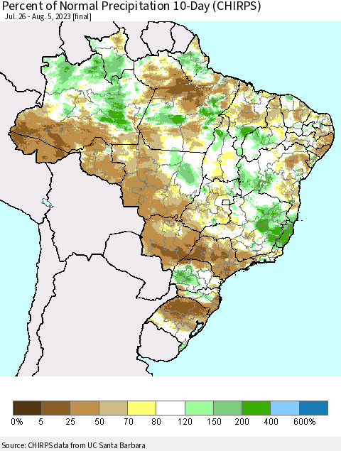 Brazil Percent of Normal Precipitation 10-Day (CHIRPS) Thematic Map For 7/26/2023 - 8/5/2023