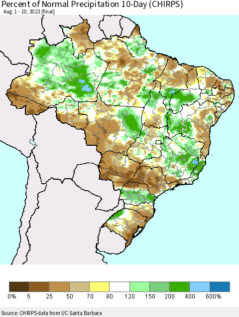 Brazil Percent of Normal Precipitation 10-Day (CHIRPS) Thematic Map For 8/1/2023 - 8/10/2023