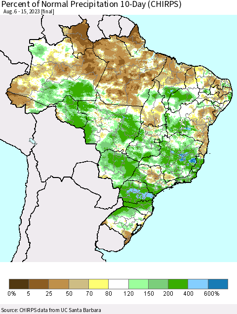 Brazil Percent of Normal Precipitation 10-Day (CHIRPS) Thematic Map For 8/6/2023 - 8/15/2023