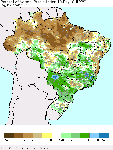 Brazil Percent of Normal Precipitation 10-Day (CHIRPS) Thematic Map For 8/11/2023 - 8/20/2023