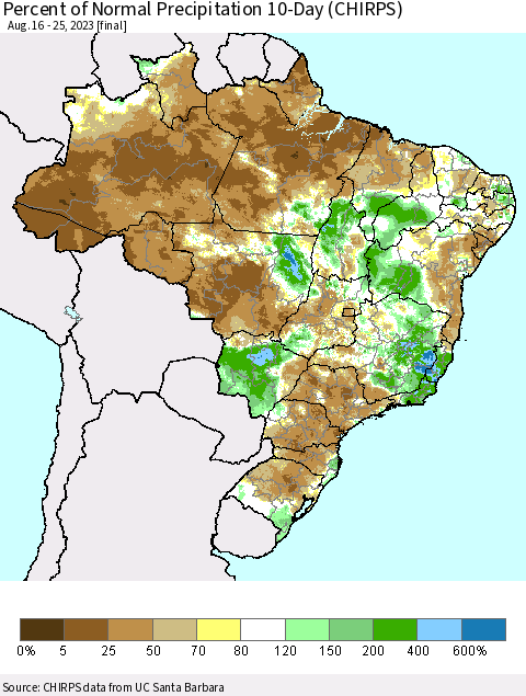 Brazil Percent of Normal Precipitation 10-Day (CHIRPS) Thematic Map For 8/16/2023 - 8/25/2023
